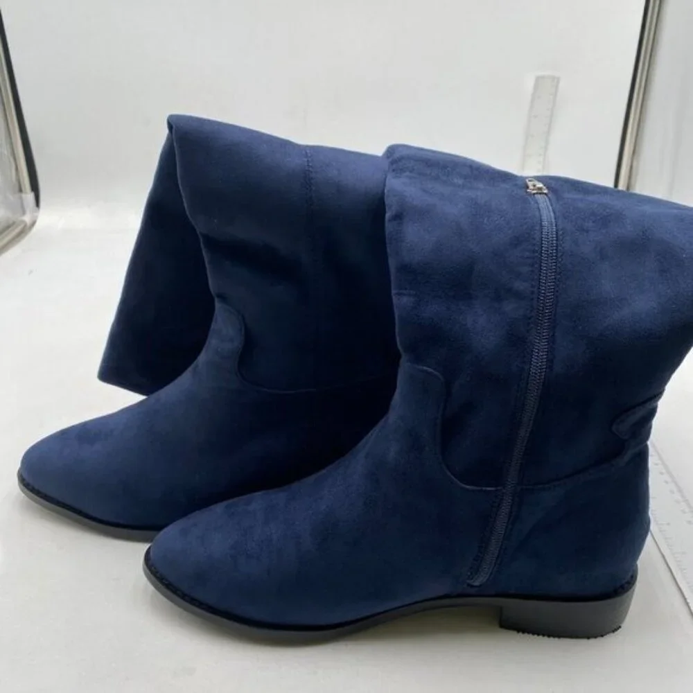 Blue Womens Almond Toe Knee High Boots with Partial Zippers Stretchy Long Boot
